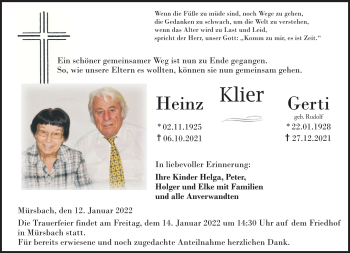 Traueranzeige von Heinz Klier von Neue Presse Coburg