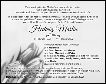 Traueranzeige von Hedwig Maritn von Südthüringer Presse