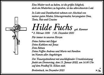Traueranzeige von Hilde Fuchs von Südthüringer Presse