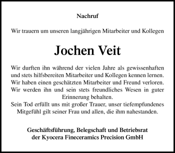 Traueranzeige von Jochen Veit von Frankenpost