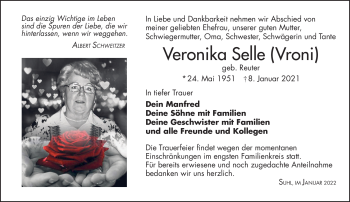 Traueranzeige von Veronika Selle von Südthüringer Presse