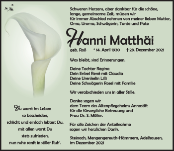 Traueranzeige von Hanni Matthäi von Südthüringer Presse