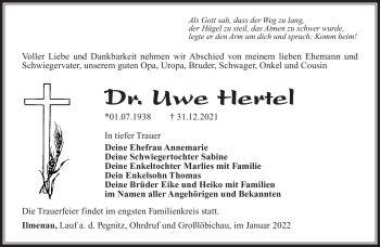 Traueranzeige von Uwe Hertel von Südthüringer Presse