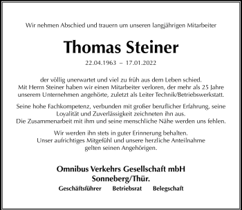 Traueranzeige von Thomas Steiner von Südthüringer Presse