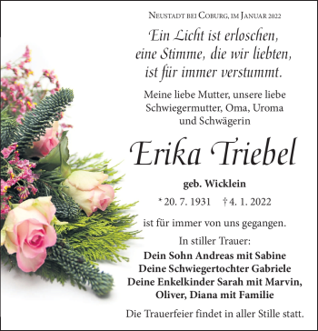 Traueranzeige von Erika Triebel von Neue Presse Coburg