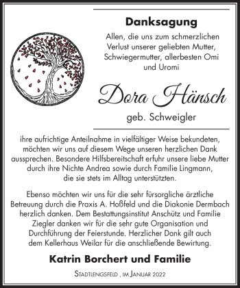 Traueranzeige von Dora Hänsch von Südthüringer Presse