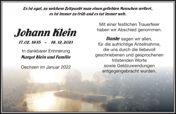 Traueranzeige von Johann Klein von Südthüringer Presse