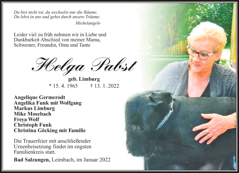  Traueranzeige für Helga Pabst vom 29.01.2022 aus Südthüringer Presse