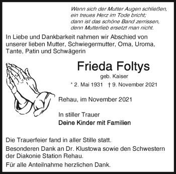 Traueranzeige von Frieda Foltys von Frankenpost