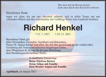 Traueranzeige von Richard Henkel von Südthüringer Presse