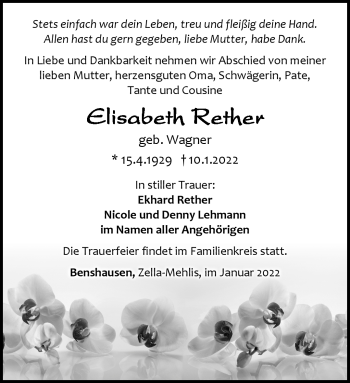 Traueranzeige von Elisabeth Rether von Südthüringer Presse