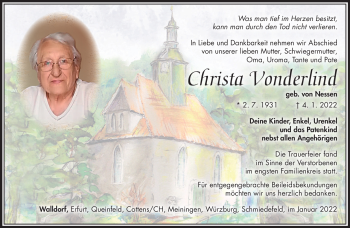 Traueranzeige von Christa Vonderlind von Südthüringer Presse