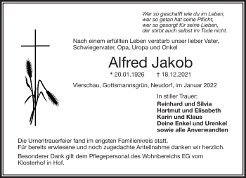 Traueranzeige von Alfred Jakob von Frankenpost