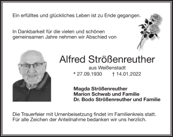Traueranzeige von Alfred Strößenreuther von Frankenpost