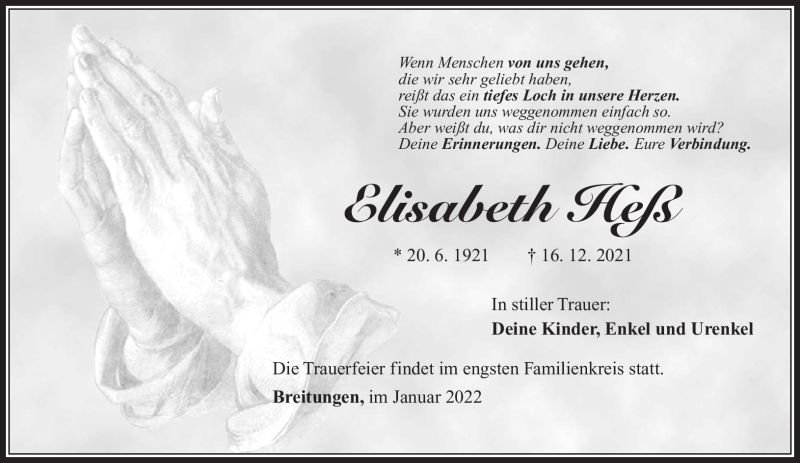  Traueranzeige für Elisabeth Heß vom 06.01.2022 aus Südthüringer Presse