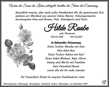 Traueranzeige von Hilde Raabe von Südthüringer Presse