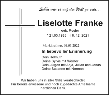 Traueranzeige von Liselotte Franke von Frankenpost