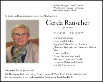 Traueranzeige von Gerda Rauscher von Neue Presse Coburg