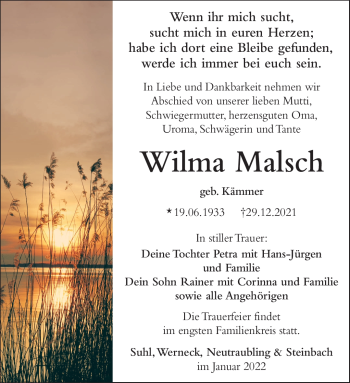 Traueranzeige von Wilma Malsch von Südthüringer Presse