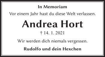 Traueranzeige von Andrea Hort von Südthüringer Presse