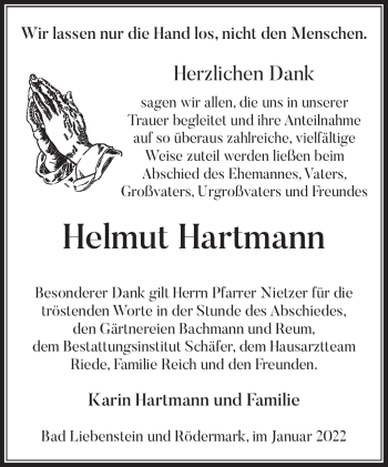 Traueranzeige von Helmut Hartmann von Südthüringer Presse