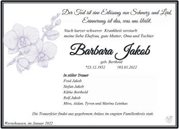 Traueranzeige von Barbara Jakob von Südthüringer Presse