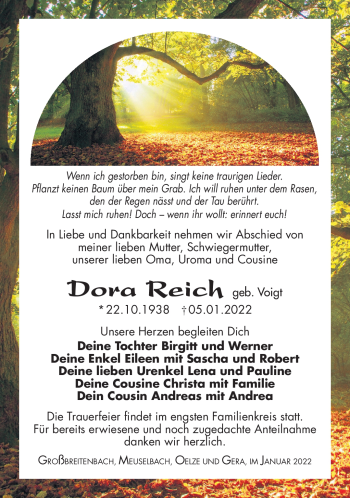 Traueranzeige von Dora Reich von Südthüringer Presse