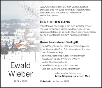 Traueranzeige von Ewald Wieber von Südthüringer Presse