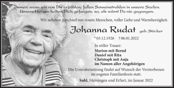 Traueranzeige von Johanna Rudat von Südthüringer Presse