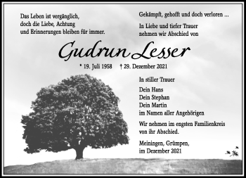 Traueranzeige von Gudrun Lesser von Südthüringer Presse