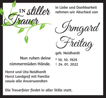 Traueranzeige von Irmgard Freitag von Frankenpost