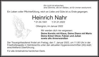 Traueranzeige von Heinrich Nahr von Frankenpost