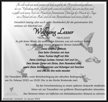 Traueranzeige von Wolfgang Lesser von Südthüringer Presse