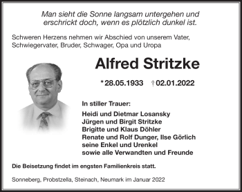 Traueranzeige von Alfred Stritzke von Südthüringer Presse
