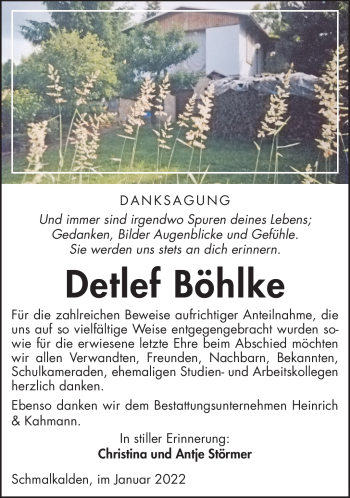 Traueranzeige von Detlef Böhlke von Südthüringer Presse