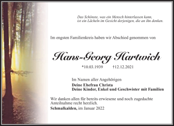 Traueranzeige von Hans-Georg Hartwich von Südthüringer Presse