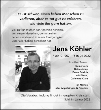 Traueranzeige von Jens Köhler von Südthüringer Presse