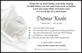 Traueranzeige von Dietmar Knabe von Südthüringer Presse