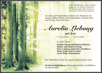 Traueranzeige von Aurelia Liebaug von Südthüringer Presse