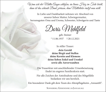 Traueranzeige von Doris Mehlfeld von Südthüringer Presse