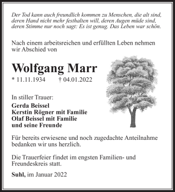 Traueranzeige von Wolfgang Marr von Südthüringer Presse