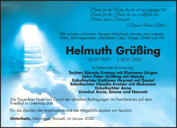Traueranzeige von Helmuth Grüßing von Südthüringer Presse
