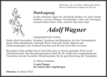 Traueranzeige von Adolf Wagner von Südthüringer Presse