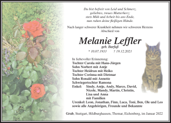 Traueranzeige von Melanie Leffler von Südthüringer Presse