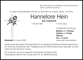 Traueranzeige von Hannelore Hein von Neue Presse Coburg