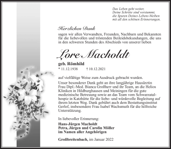 Traueranzeige von Lore Macholdt von Südthüringer Presse