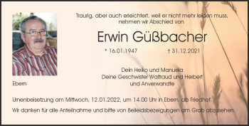 Traueranzeige von Erwin Güßbacher von Neue Presse Coburg