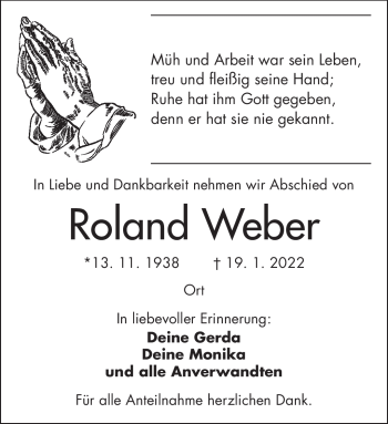 Traueranzeige von Roland Weber von Frankenpost