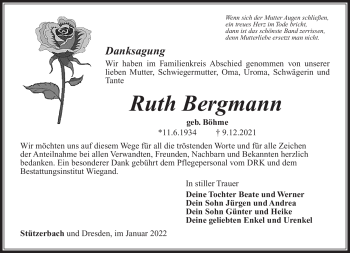 Traueranzeige von Ruth Bergmann von Südthüringer Presse