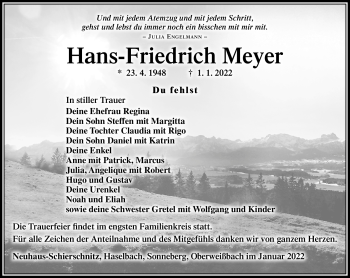 Traueranzeige von Hans-Friedrich Meyer von Südthüringer Presse